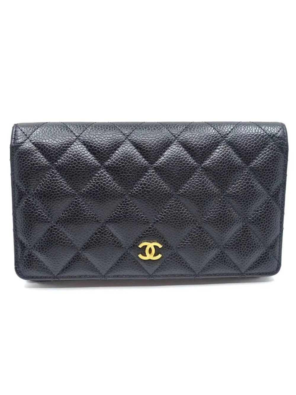 Chanel Quilted Bifold Wallet Black Gold Caviar Leather CC Logo